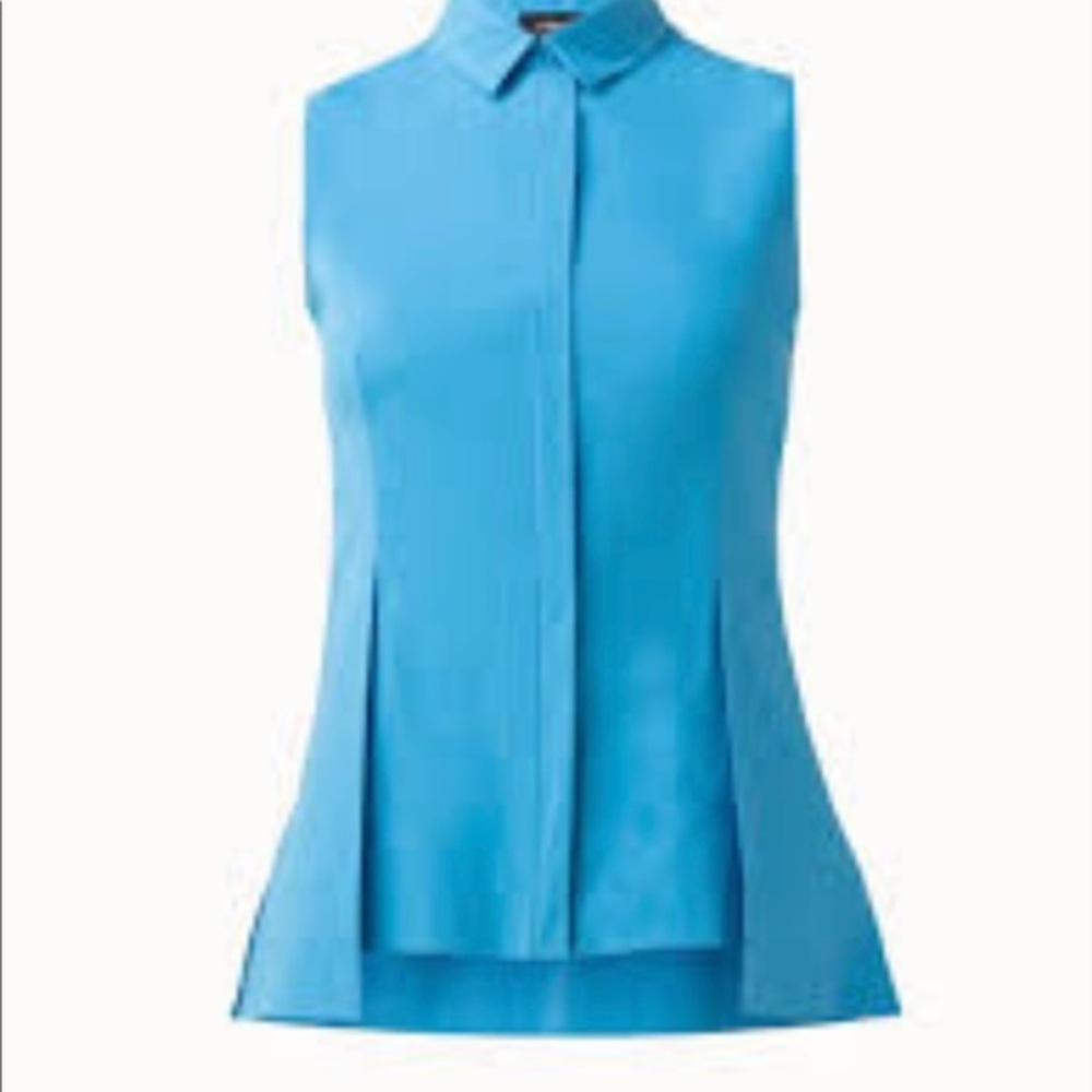 EUC Akris Sleeveless Collared Cotton‎ Blouse Women S Concealed front Blue